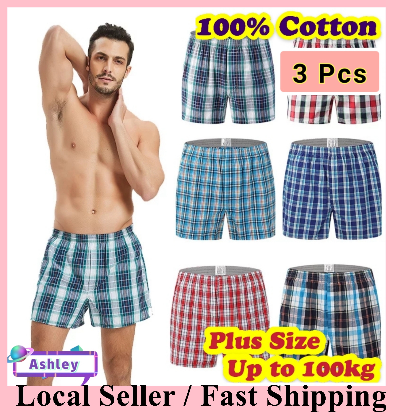 (SG Seller)3Pcs Men Cotton Underwear Plaid Printing Boxer Underwear Plus Size Casual Elastic Waist Beach Pants Boxer Shorts Male Panties Sleep Bottoms Men Home Wear Pajamas Wide Leg Shorts M-6XL