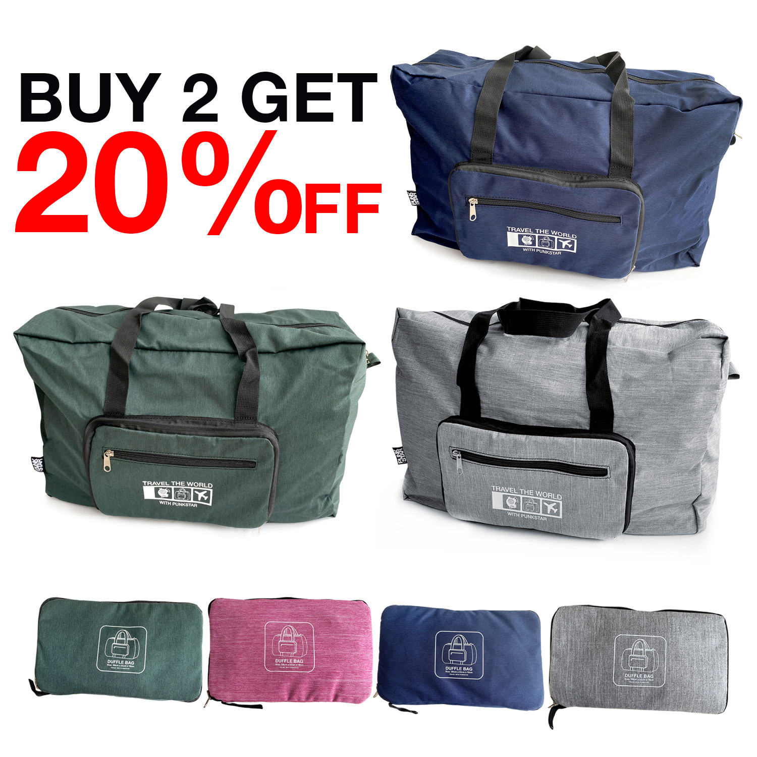 PUNKSTAR Water Proof Foldable Travel Duffel Bag Tote Carry on Luggage Sport Duffle Weekender Overnight for Women and Girls