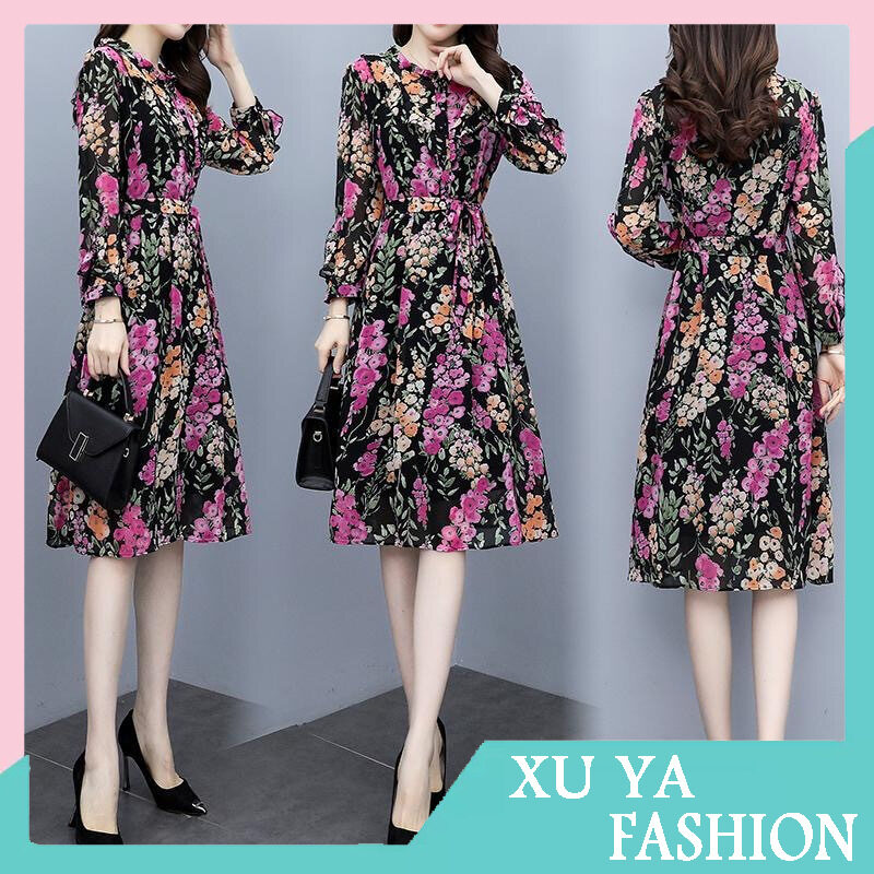 Women Floral Dress Comfortable Breathable Lightweight Lace-up Round Neck Long-sleeved Midi Skirt