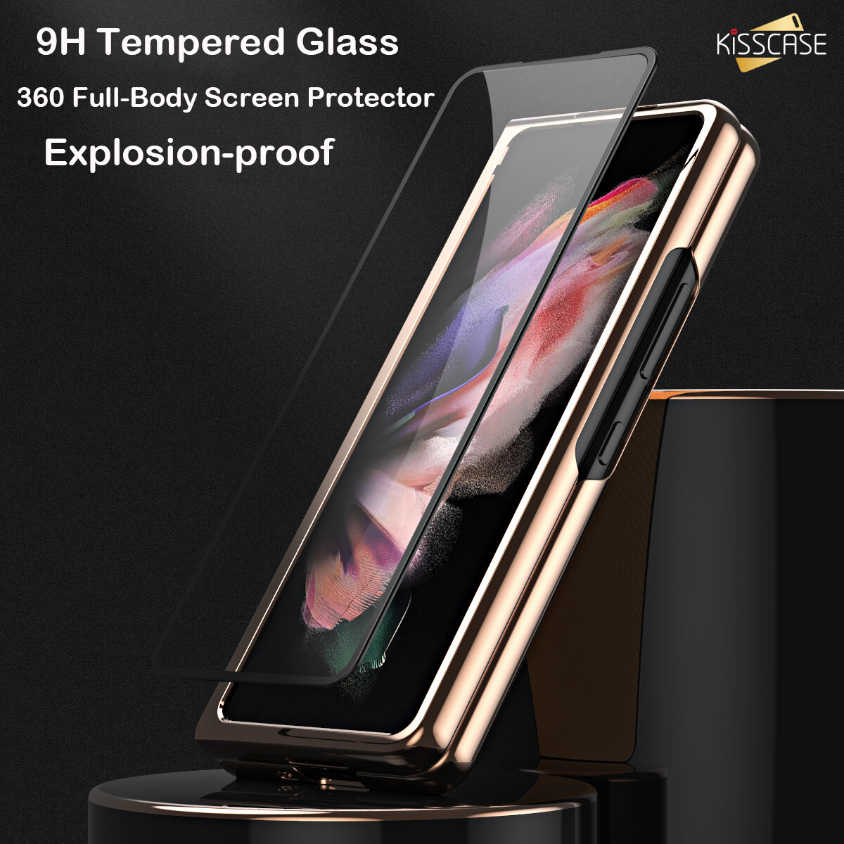 KISSCASE 360 Full Screen for Samsung Galaxy Z Fold 3 Protector Case PU Leather Shell Tempered Glass Cover