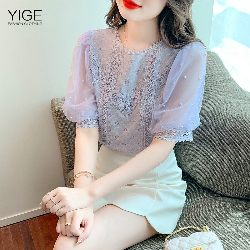 YIGE Round neck beaded lantern sleeves fashion lace blouse 2022 summer new Korean version tunic top
