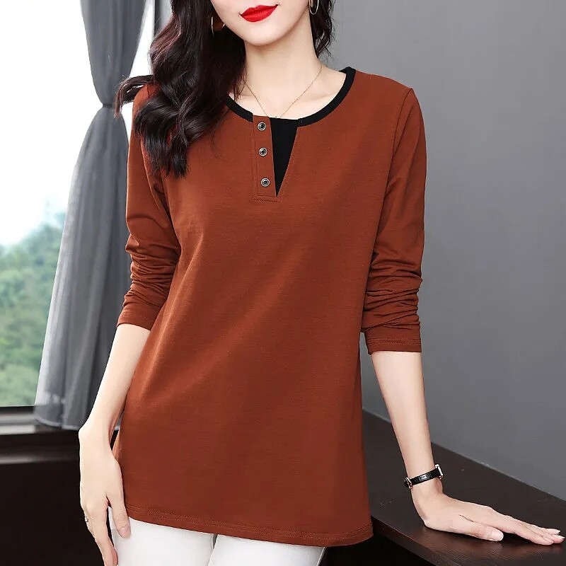 Fashion Long-sleeved Cotton T-shirt For Women's Autumn And Spring Casual Korean Style New Design Bottoming Top Tee