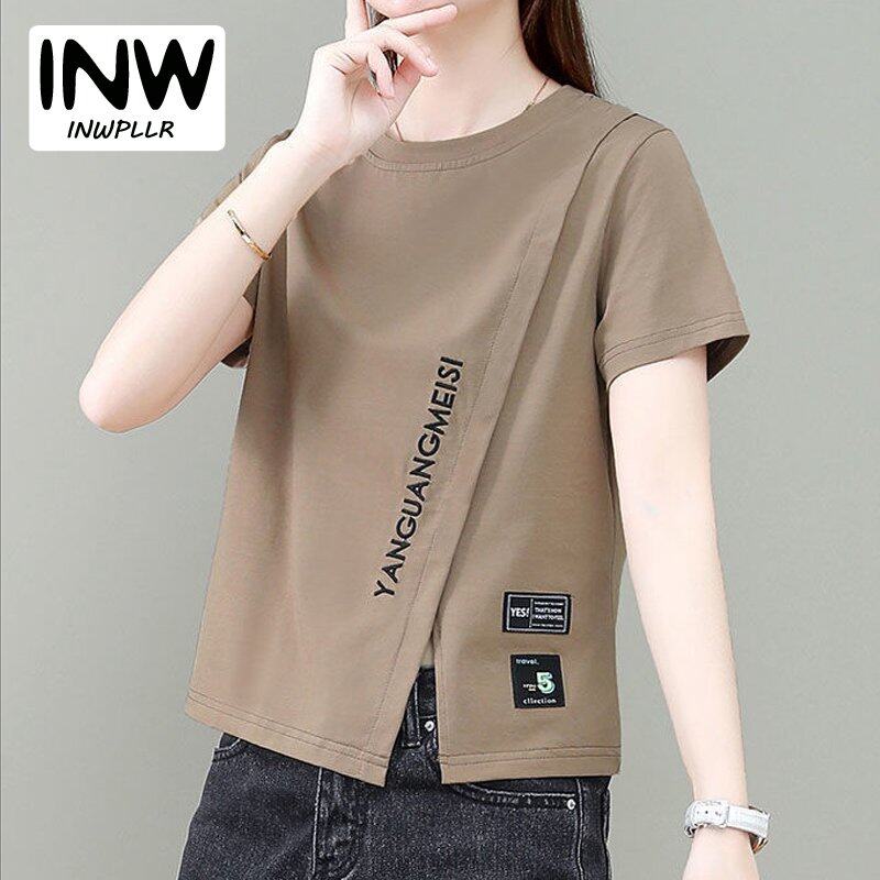 INWPLLR Summer Women T-shirt Letters Printing Slim Forked Tops Short Sleeve Personality Multi-color Ladies Tshirts