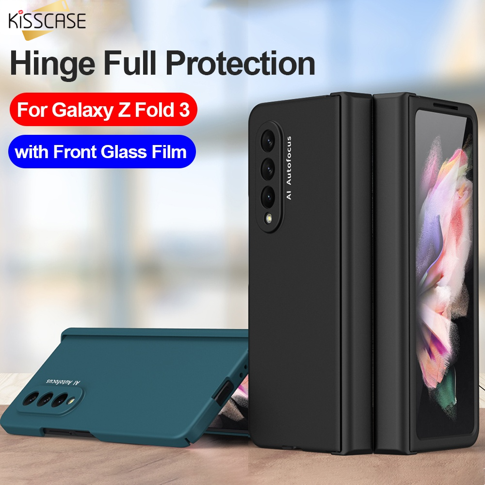 KISSCASE Suitable for Samsung Galaxy Z Fold 3 5G Z Fold 4 5G Mobile Phone Case Macaron Solid Color with Screen Tempered Glass Film All-inclusive Hinge Foldable Mobile Phone Case