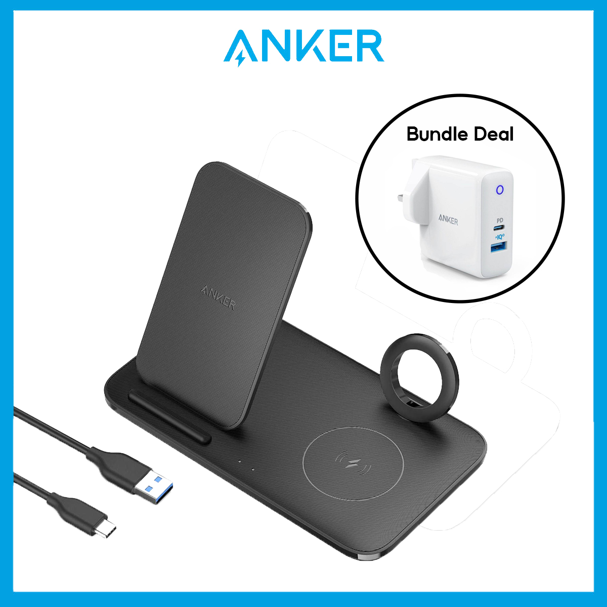 [Bundle Deal] Anker PowerWave 3 in 1 Qi-Certified Stand Wireless Charging Station + 33W PowerPort PD USB-C Wall Charger