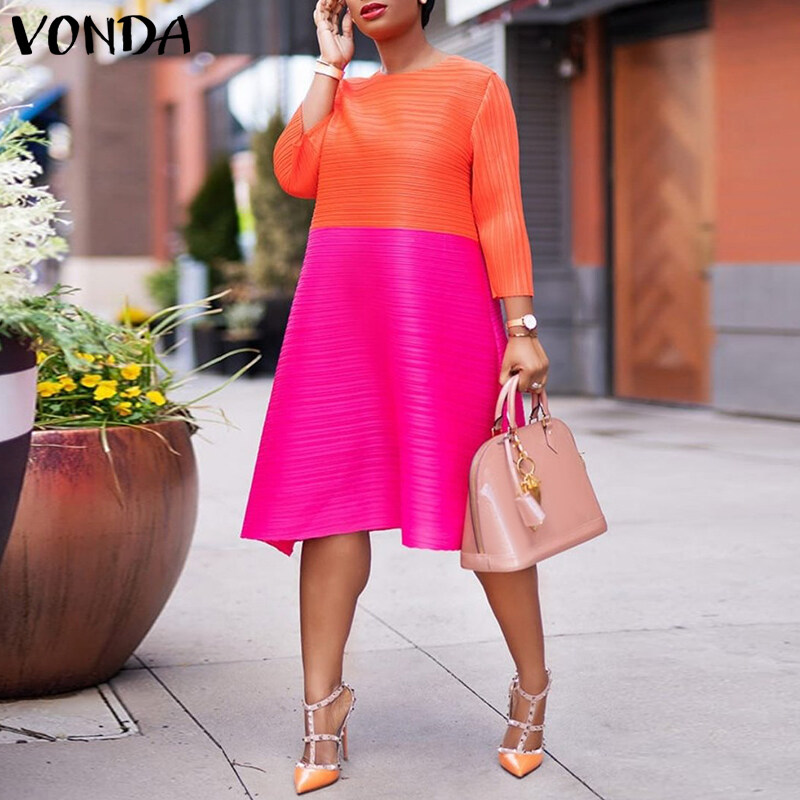 VONDA Women 3/4 Sleeve O Neck Solid Color Patchwork Midi T-Shirt Dress Casual Loose Holiday Dress (Plus Size)