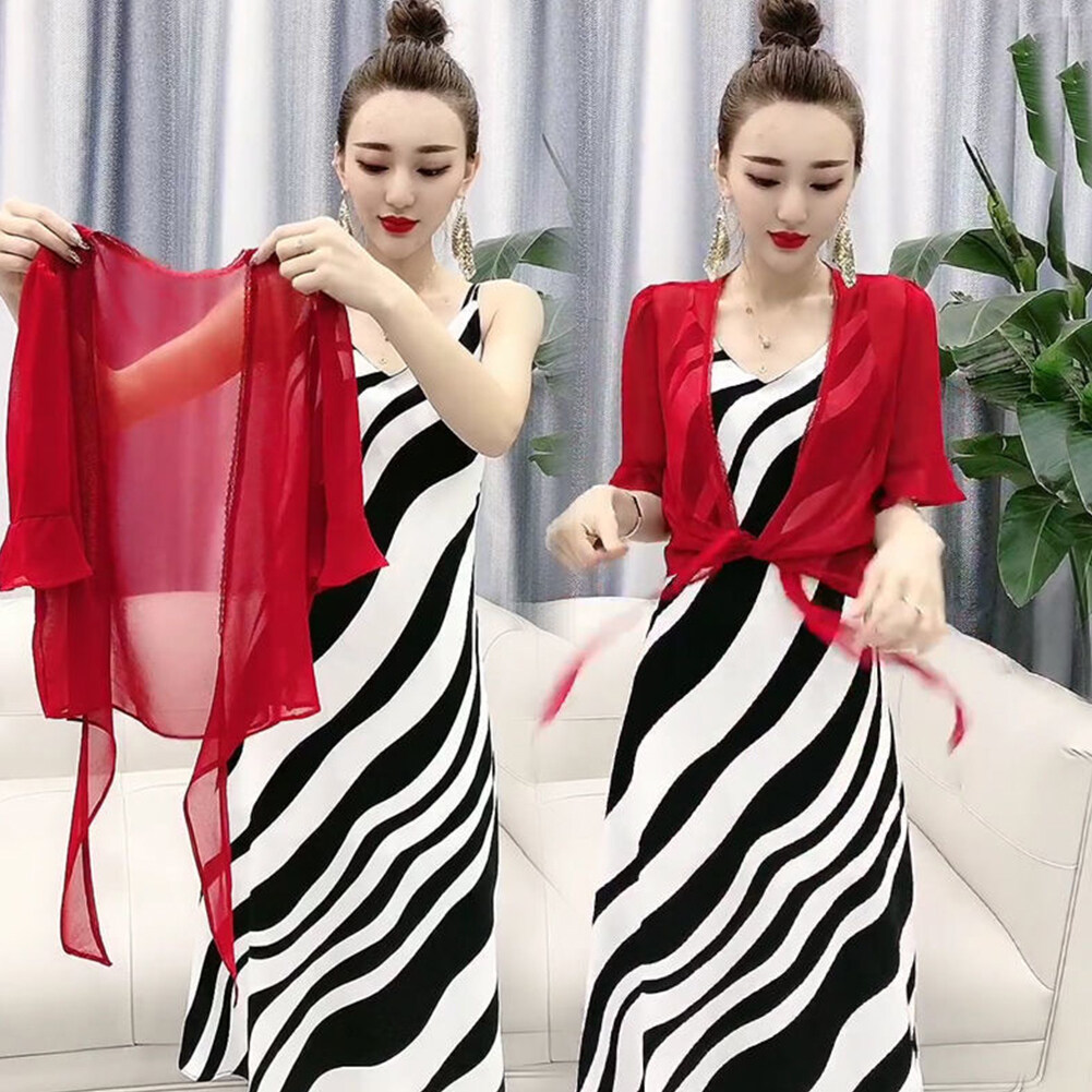 2pcs/set Women Dress Suit Fashion Striped Sleeveless Midi Skirt With Thin Shawl Two-piece Set