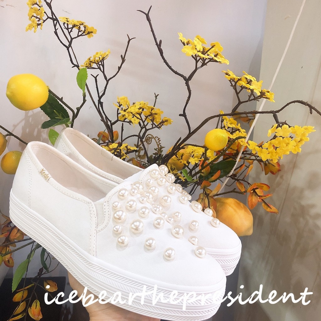 Keds cooperation style handmade pearl thick soled heightening small white shoes wedding shoes Bridesmaid shoes